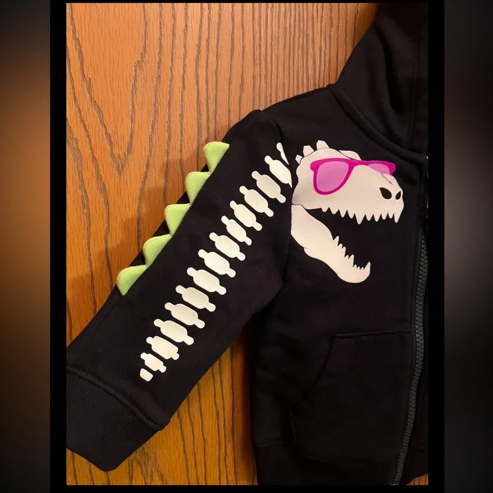 3D Dinosaur Zip Up Hoodie With Drawstrings Glows In Dark Spikes On Sleeve Jacket